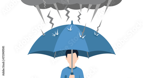 Man holding umbrella during storm with lightning and rain.
