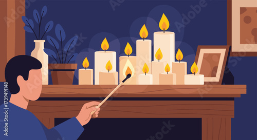 Man Lighting Candles on a Mantlepiece for Ambiance.