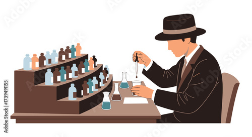 Perfumer in a Hat Concentrating on Fragrance Creation in a Laboratory Setting.