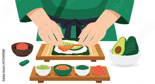 Chef preparing sushi roll with fresh ingredients on bamboo mat.