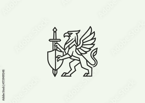 A geometric style line art logo of a Griffin holding a sword and shield, symbolizing courage, protection, and legend