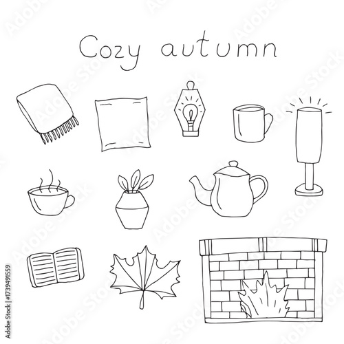 Cozy autumn at home set of elements, hand drawing, vector illustration