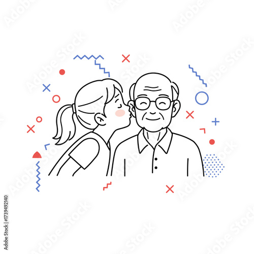 Granddaughter kisses grandfather on the cheek in a colorful background