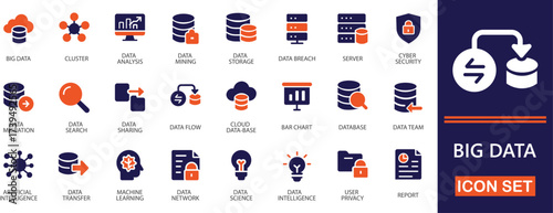 A modern solid icon set covering key big data concepts such as analytics, cloud storage, AI, machine learning, and data mining. Ideal for dashboards, tech presentations, apps, and digital platforms.