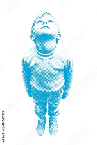 A halftone-style illustration shows a young child looking upward with curiosity. The image represents innocence, wonder, imagination, and childhood exploration.