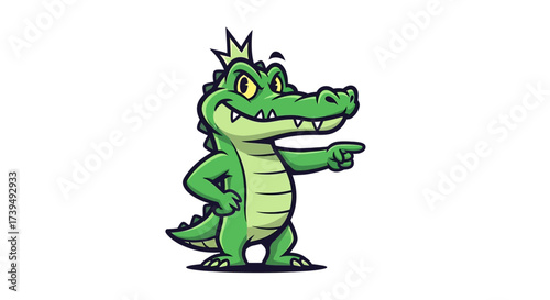 Cartoon Crocodile Character with a Crown Pointing to the Right Side Illustration