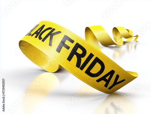 A bright yellow ribbon with the words Black Friday printed in bold black letters lies curled on a white surface. The image represents sales, marketing, and retail promotions.