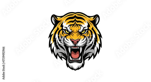 Ferocious Tiger Head Cartoon Illustration with Detailed Stripes and Aggressive Expression Depicted
