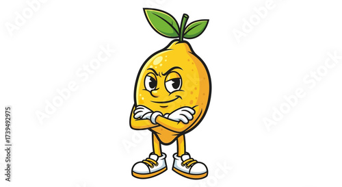 Cartoon lemon character with confident expression and arms crossed stands tall