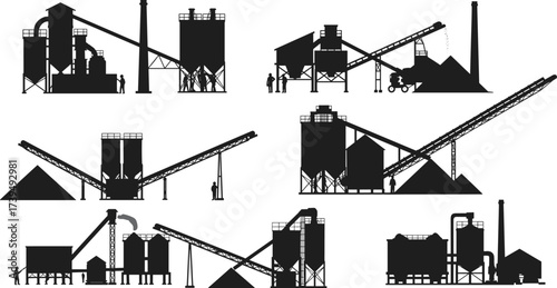Concrete batching plant silhouettes, aggregate processing facility vector, construction material factory