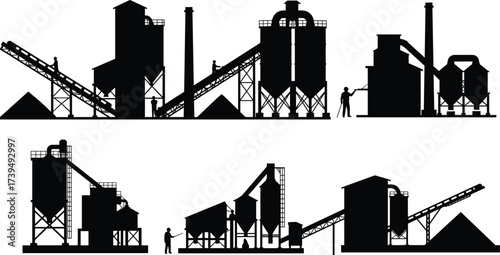 Industrial facility silhouettes, processing plant vector, conveyor belt illustration, refinery buildings, warehouse design, black industry icons, construction site, large scale production artwork