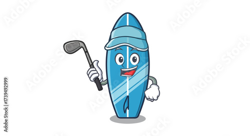 A funny surfboard character playing golf with a club on a white background illustration