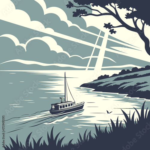 A lone sailboat navigates calm waters near a tree lined shore under a dramatic cloudy sky