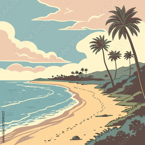 Idyllic tropical beach scene with gentle waves palm trees and footprints in the sand