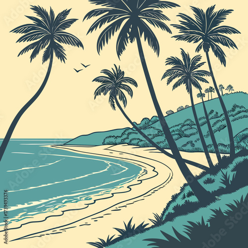Idyllic tropical beach scene with palm trees gentle waves and a lush green hillside under a clear sky