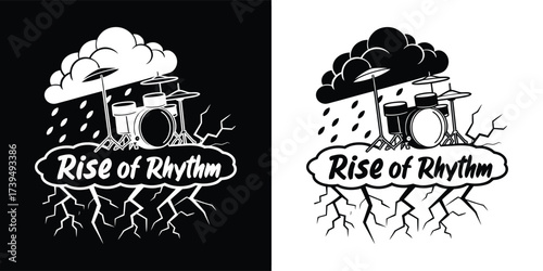 Drum set under a stormy cloud with rain and lightning, text says rise of rhythm, black and white graphic illustration