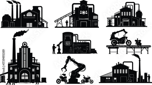 Industrial automation vector set, factory buildings with smokestacks, conveyor belts, robotic arms, motorcycle assembly, heavy industry, modern manufacturing technology illustration collection