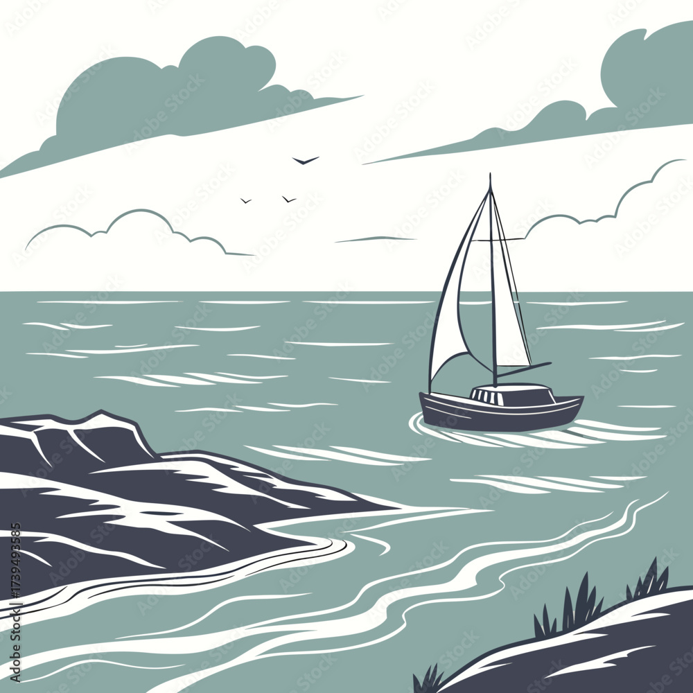 Naklejka premium Stylized illustration of a sailboat sailing on the ocean near a rocky coastline under a cloudy sky