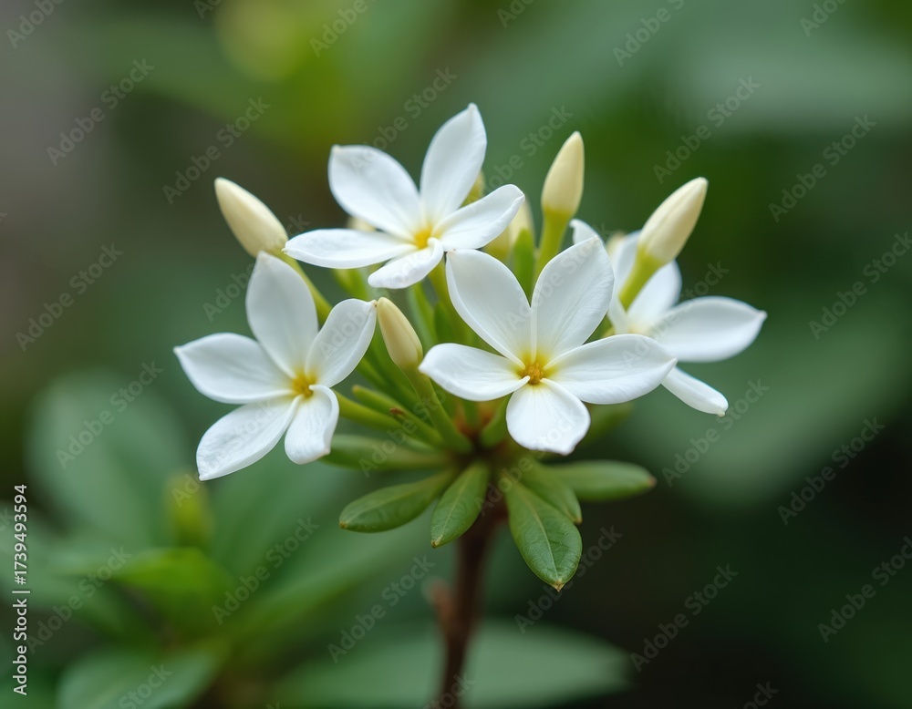 Obraz premium Close-up of fragrant white jasmine flowers blooming on green plant. Tiny white blossoms with yellow centers, delicate petals, buds. Soft focus background highlights delicate natural beauty of flora.