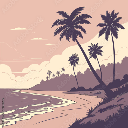 Serene tropical beach scene with silhouette palm trees and gentle ocean waves under a pastel sky