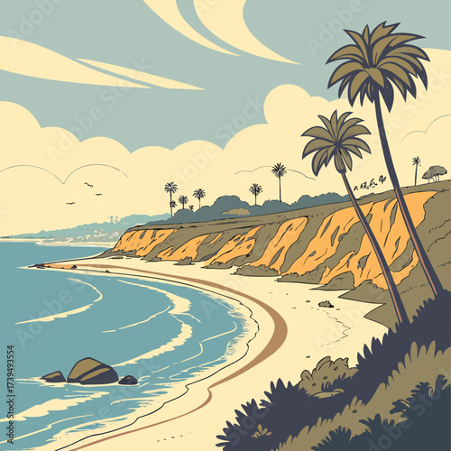 Stylized illustration of a coastal cliffside beach with palm trees and gentle waves under a cloudy sky