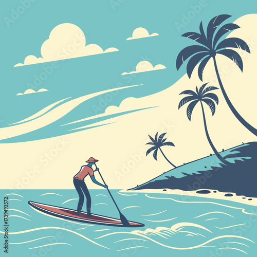 Stylized illustration of a person paddleboarding near a tropical island with palm trees under a cloudy sky