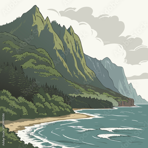 Stylized illustration of a lush green coastline with dramatic mountains meeting the ocean