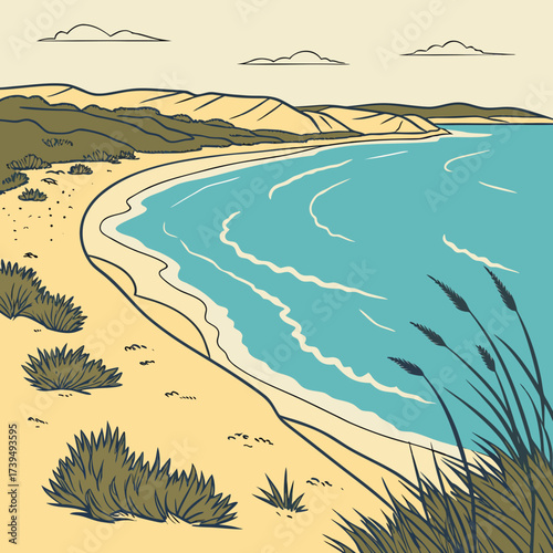 Stylized illustration of a serene coastal landscape with rolling dunes and gentle ocean waves