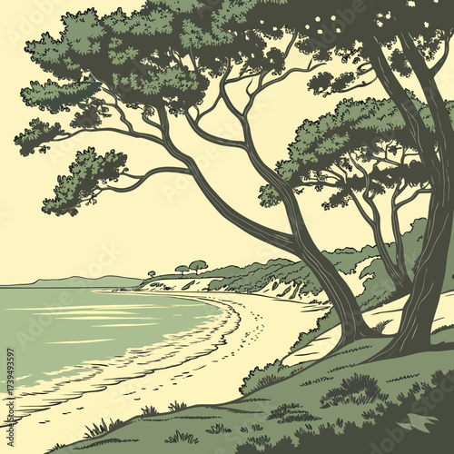 Stylized illustration of a serene coastal landscape with pine trees overlooking a sandy beach and calm ocean water