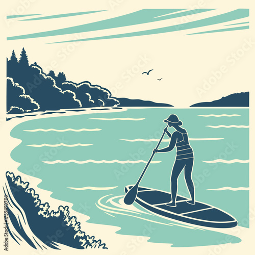 Woman paddleboarding on calm turquoise water near a tree lined shore under a cloudy sky