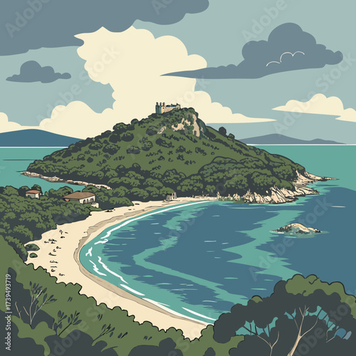 Idyllic coastal landscape with a sandy beach turquoise water and a historic castle on a green hilltop