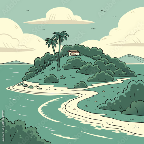 Idyllic tropical island with lush green vegetation palm trees a small house and a sandy beach