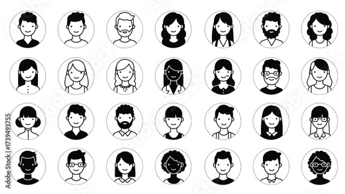 Diverse User Profile Avatar Icons Set - Minimalist Black and White Vector Collection