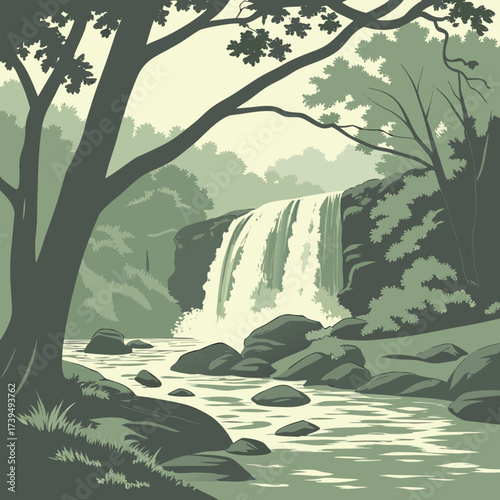 Serene forest waterfall cascades over rocks into a flowing river surrounded by lush green trees