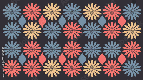 Floral pattern with blue orange and yellow flowers and teardrop shapes on a dark gray background
