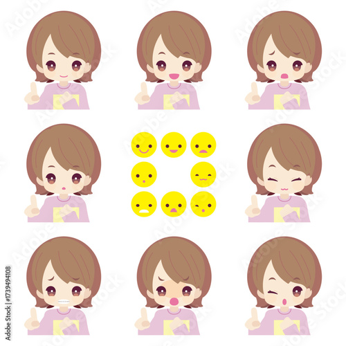 Illustration of a girl holding a notebook and raising her index finger to point out important information. Eight expressions available, shown in color. Useful for highlighting points in presentations,