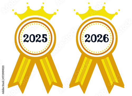 Black and white icon of a rosette with a crown, labeled "2025". Suitable for awards, certificates, and recognition for events or achievements in 2025 and 2026