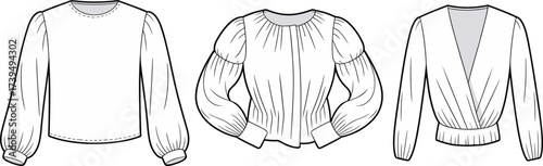 Women’s blouse flat sketch, CAD fashion vector template with puff sleeves, long sleeves, wrap design, stylish trendy top fashion illustration