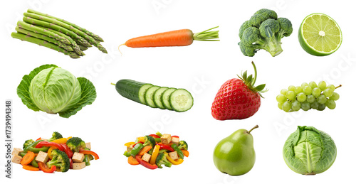 Large collection of fresh raw fruits, vegetables, and prepared tofu stir-fry, isolated on a transparent PNG background. Includes asparagus,  broccoli, and  for healthy eating