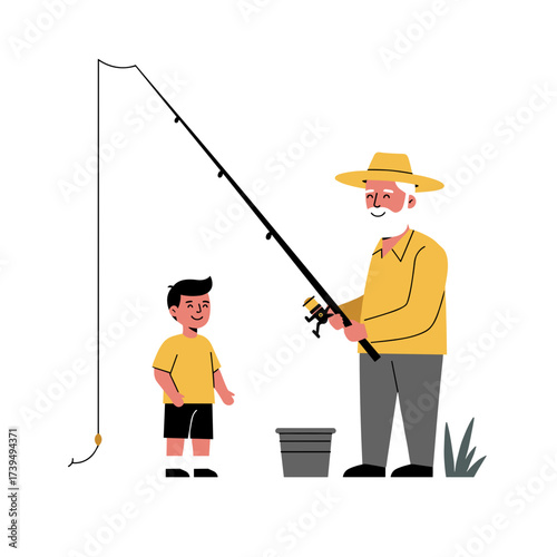 Grandfather and boy fishing together in summer by the lake  