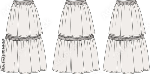 Women’s tiered skirt flat sketch, CAD vector fashion drawing with elastic waistband, layered design, stylish summer boho casual apparel template