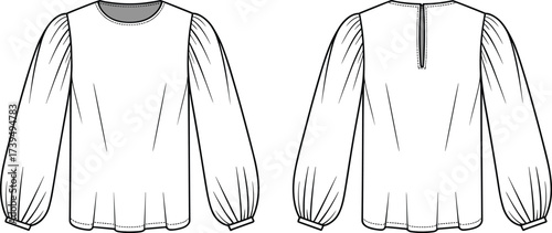 Women’s puff sleeve blouse flat sketch, CAD fashion vector drawing with round neck and back closure, stylish elegant shirt design