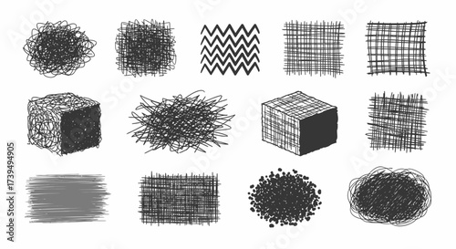 A diverse set of handdrawn black ink sketch textures including scribbles hatching and dots.