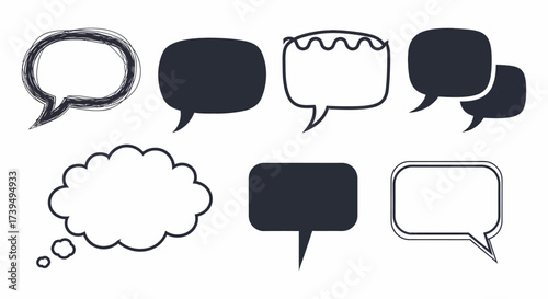 A diverse set of seven black and white speech bubbles featuring scribble solid outlined and thought cloud comicstyle designs.