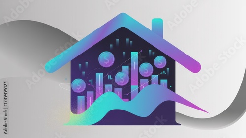 Abstract house graphic with financial symbols and data visualization elements.