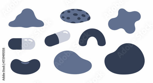 Collection of Abstract Blue Shapes and Medical Capsules.