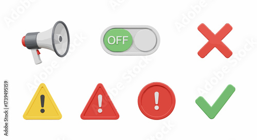 Collection of 3D Rendered Communication and Alert Icons on White Background.