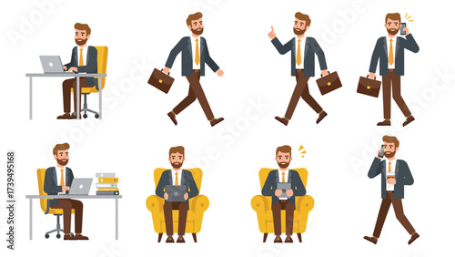 Modern Businessman Character Poses Set for Daily Work Activities and Communication