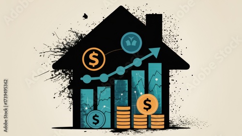 Abstract financial growth concept with house and currency symbols.