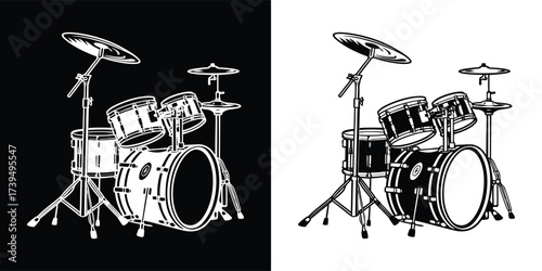 Drum kit illustration, a musical instrument for rhythm and beats, presented in black and white